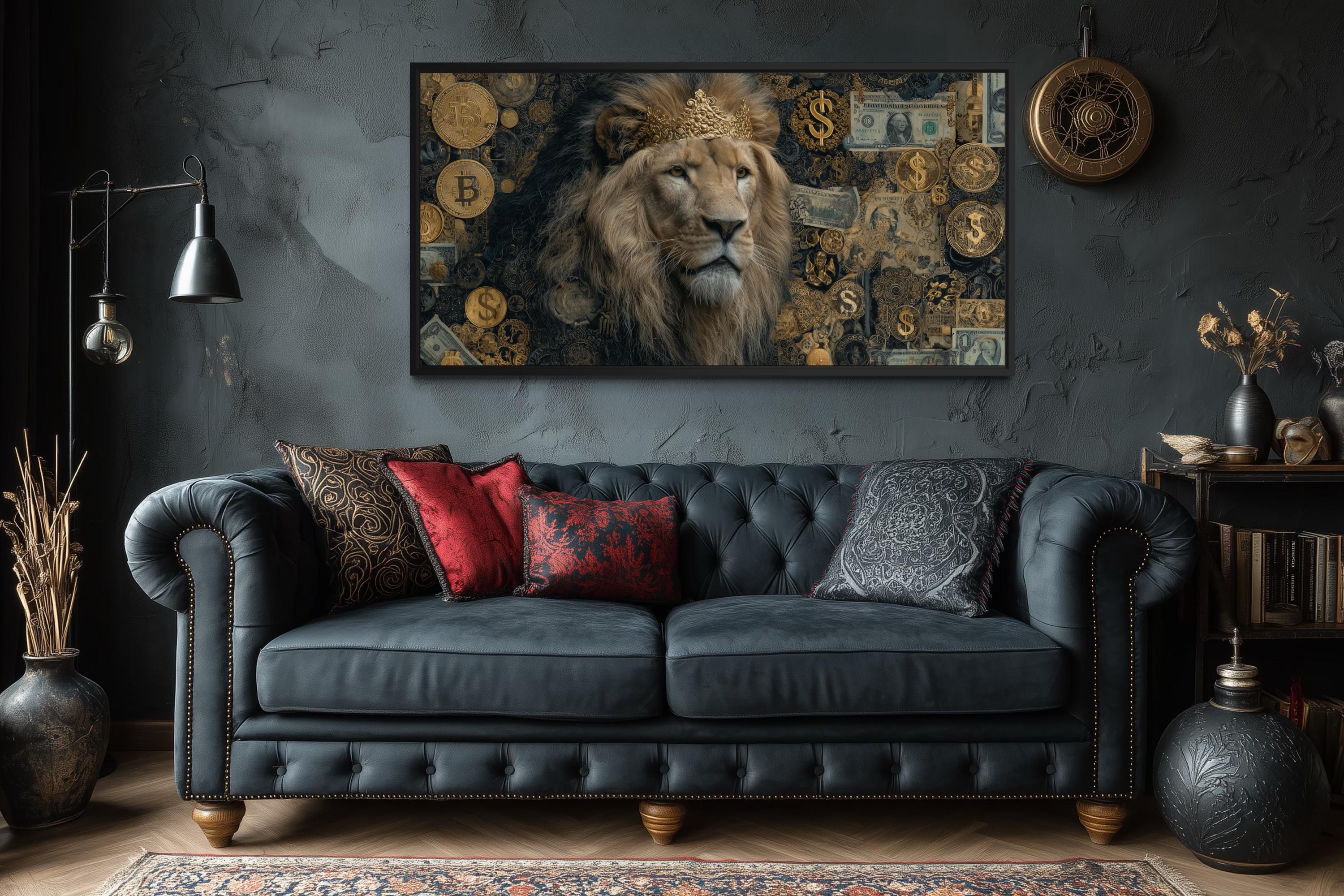 Lion Money Wall Art – Luxury Gold Artwork Stretched Canvas for Man Cave Decor