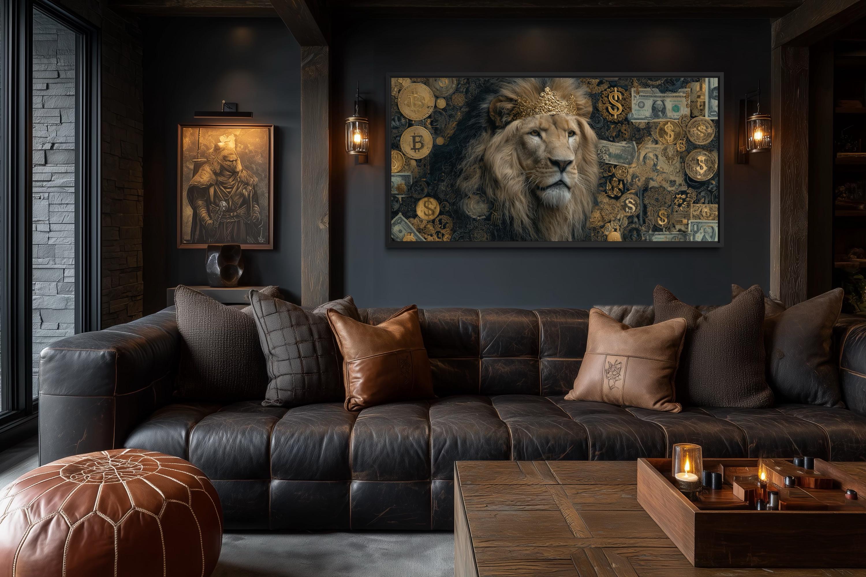 Lion Money Wall Art – Luxury Gold Artwork Stretched Canvas for Man Cave Decor