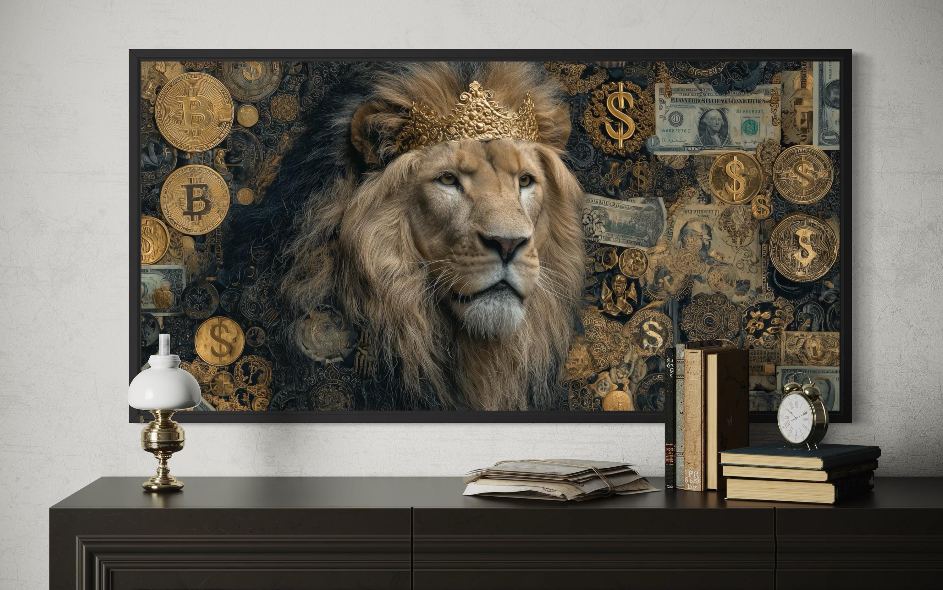 Lion Money Wall Art – Luxury Gold Artwork Stretched Canvas for Man Cave Decor