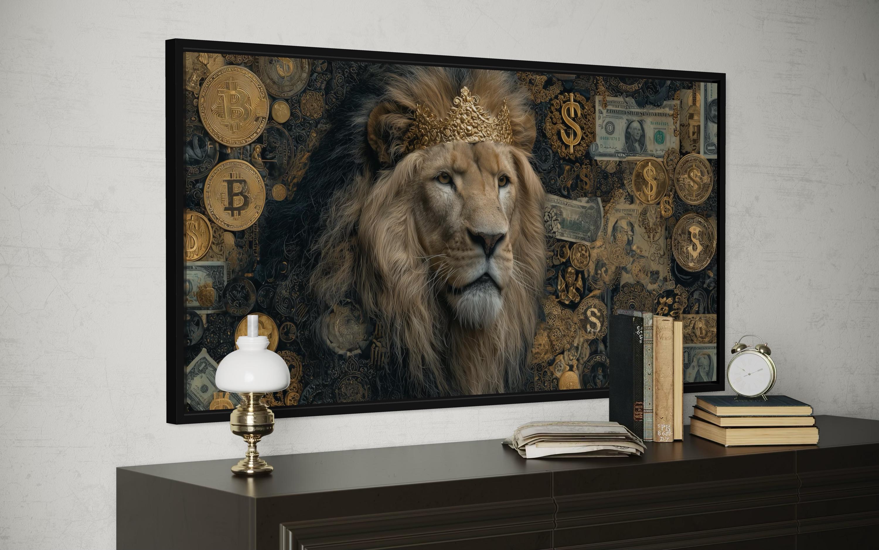 Lion Money Wall Art – Luxury Gold Artwork Stretched Canvas for Man Cave Decor