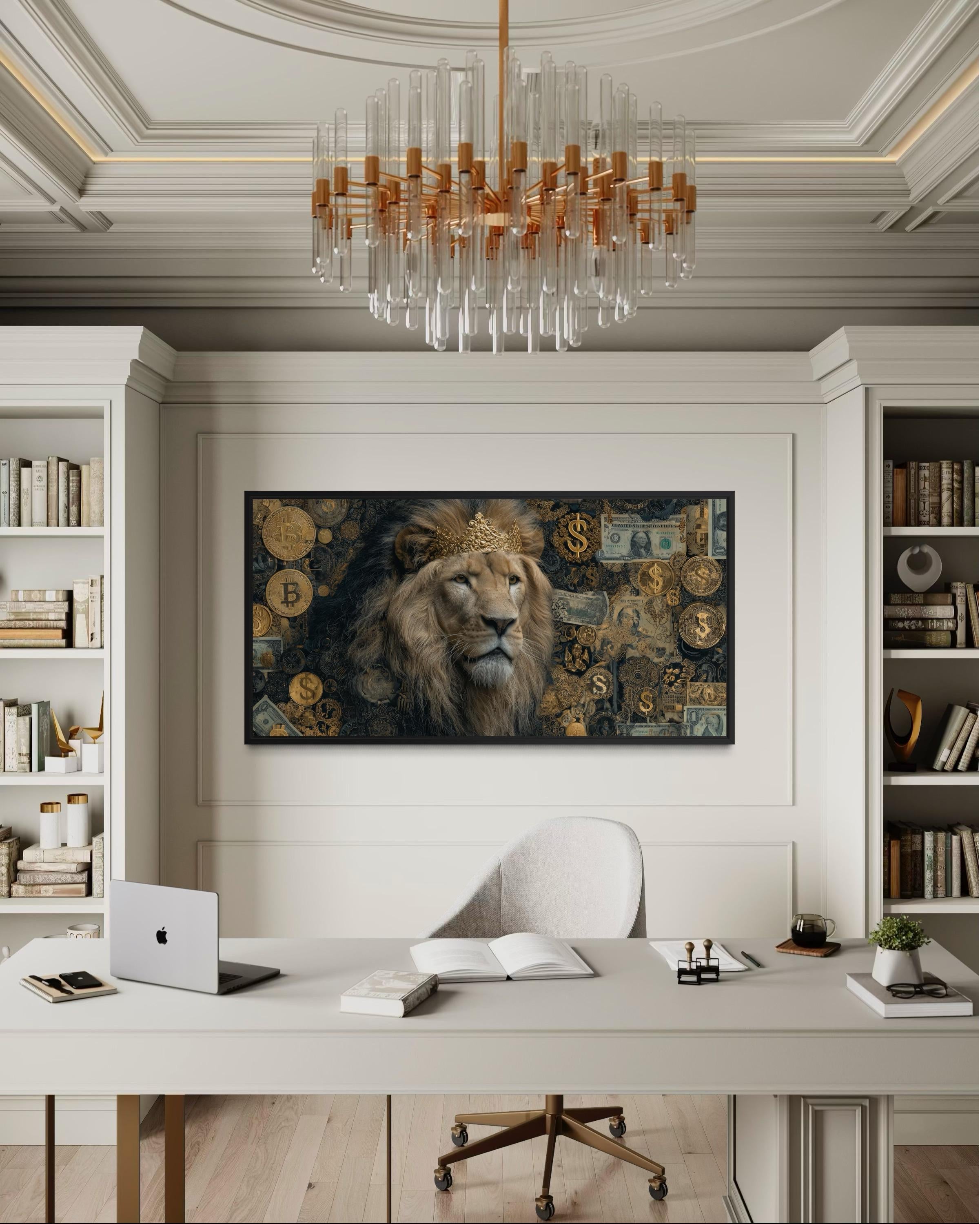 Lion Money Wall Art – Luxury Gold Artwork Stretched Canvas for Man Cave Decor