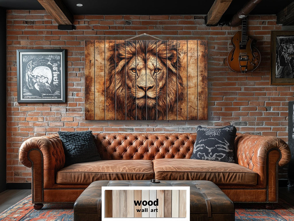 Lion Portrait Real Wood Wall Art – Rustic Sign For Man Cave Or Office