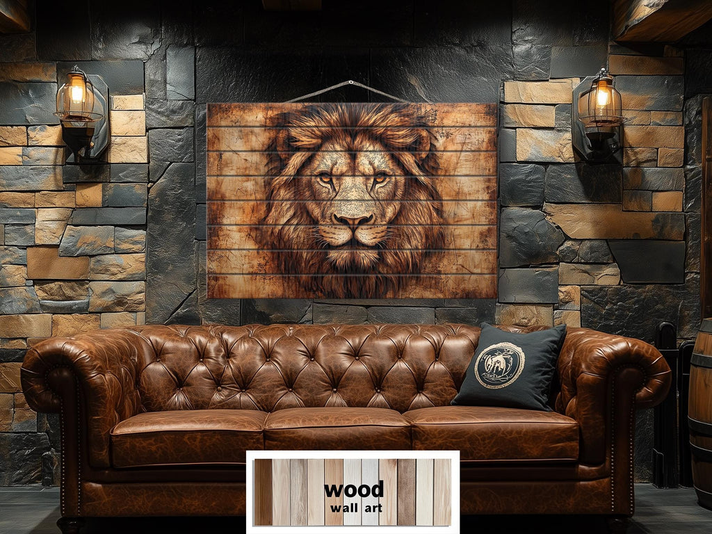 Lion Portrait Real Wood Wall Art – Rustic Sign For Man Cave Or Office