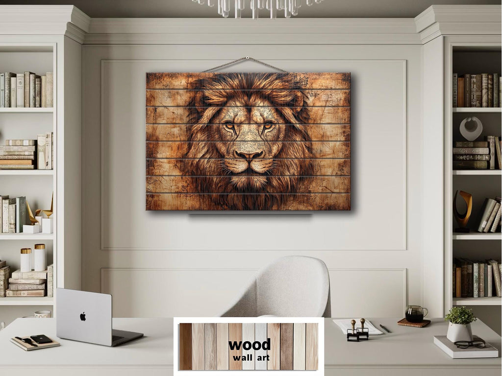 Lion Portrait Real Wood Wall Art – Rustic Sign For Man Cave Or Office