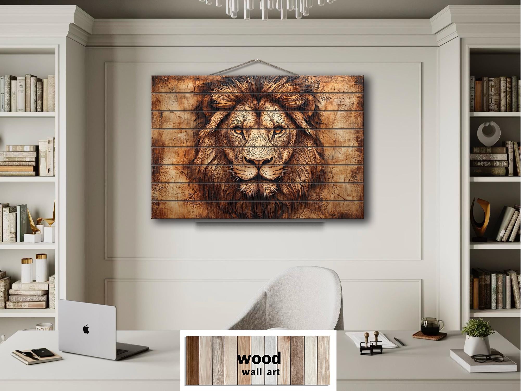 Lion Portrait Real Wood Wall Art – Rustic Sign For Man Cave Or Office