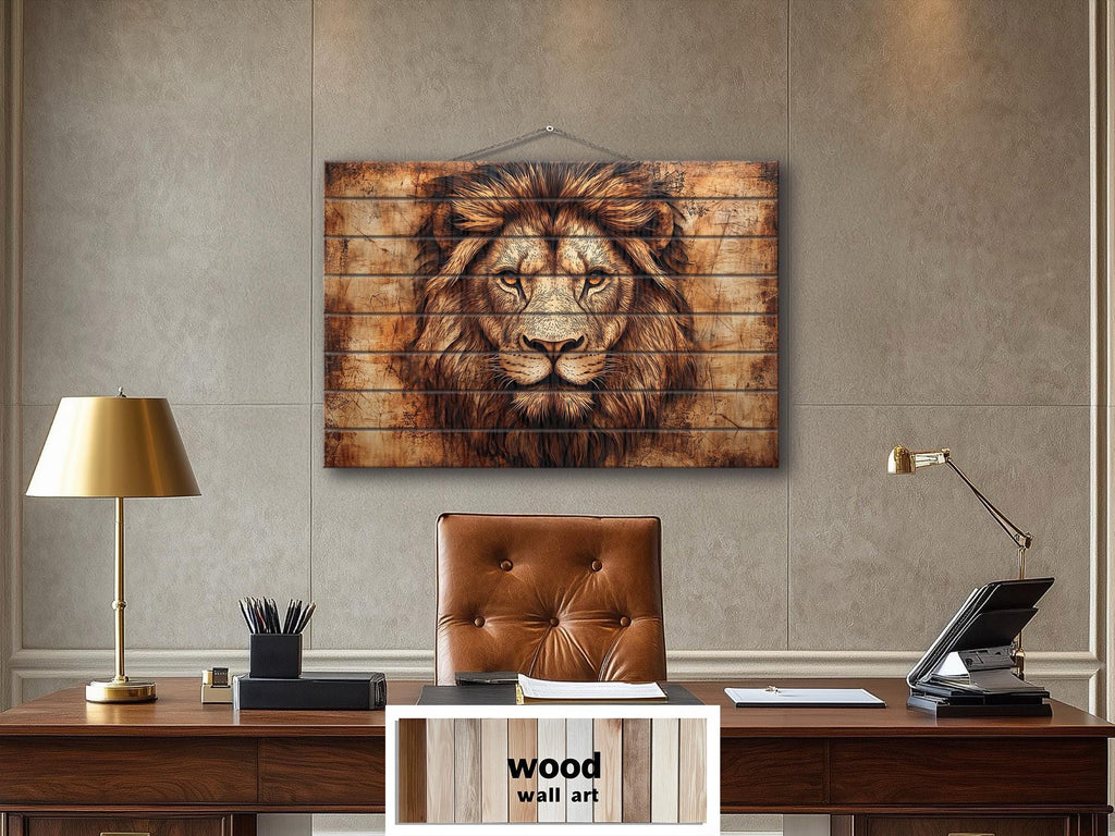 Lion Portrait Real Wood Wall Art – Rustic Sign For Man Cave Or Office