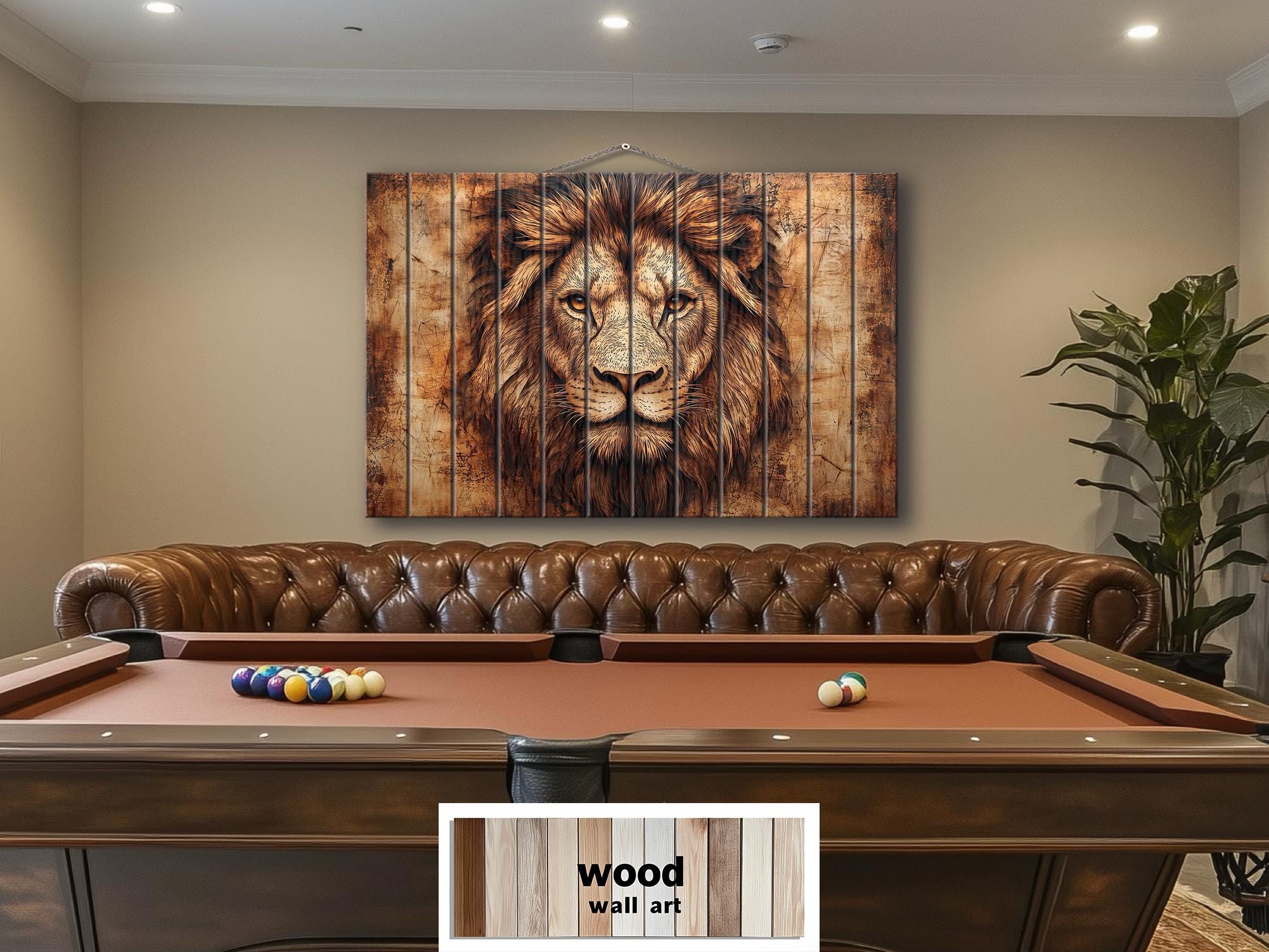 Lion Portrait Real Wood Wall Art – Rustic Sign For Man Cave Or Office