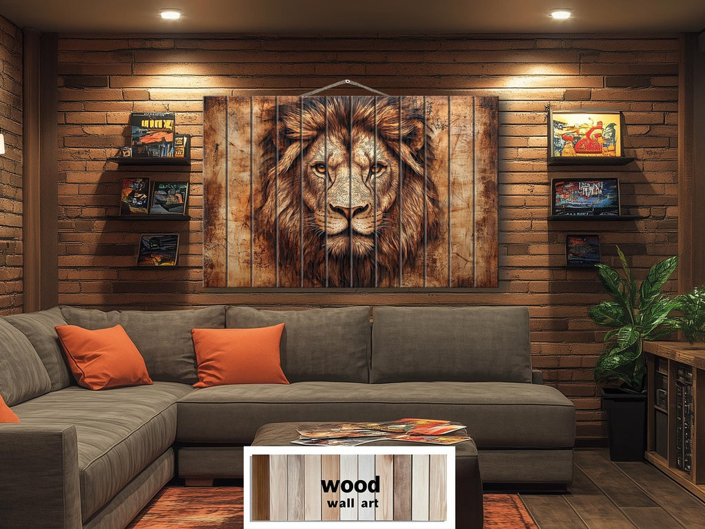 Lion Portrait Real Wood Wall Art – Rustic Sign For Man Cave Or Office