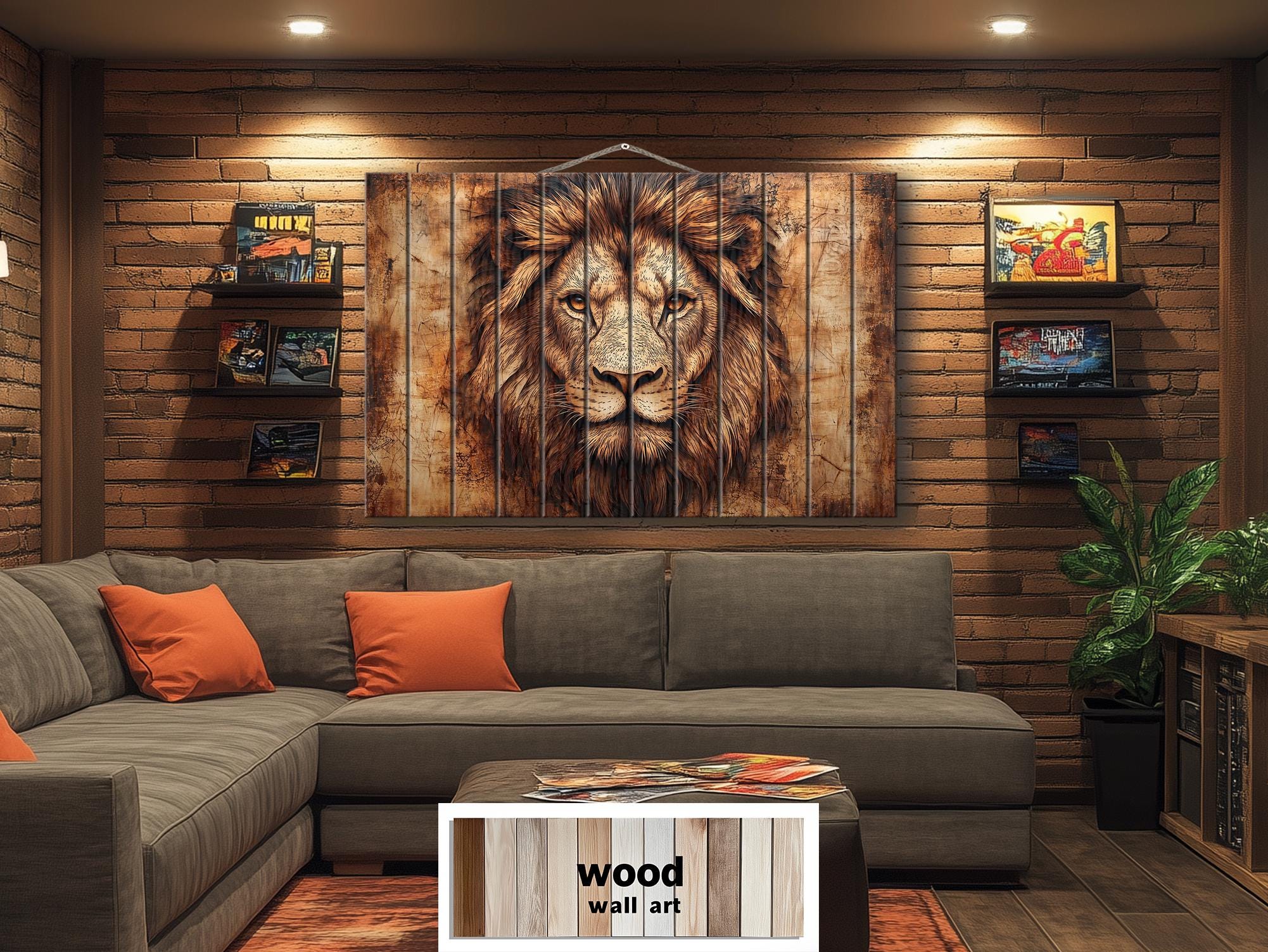 Lion Portrait Real Wood Wall Art – Rustic Sign For Man Cave Or Office
