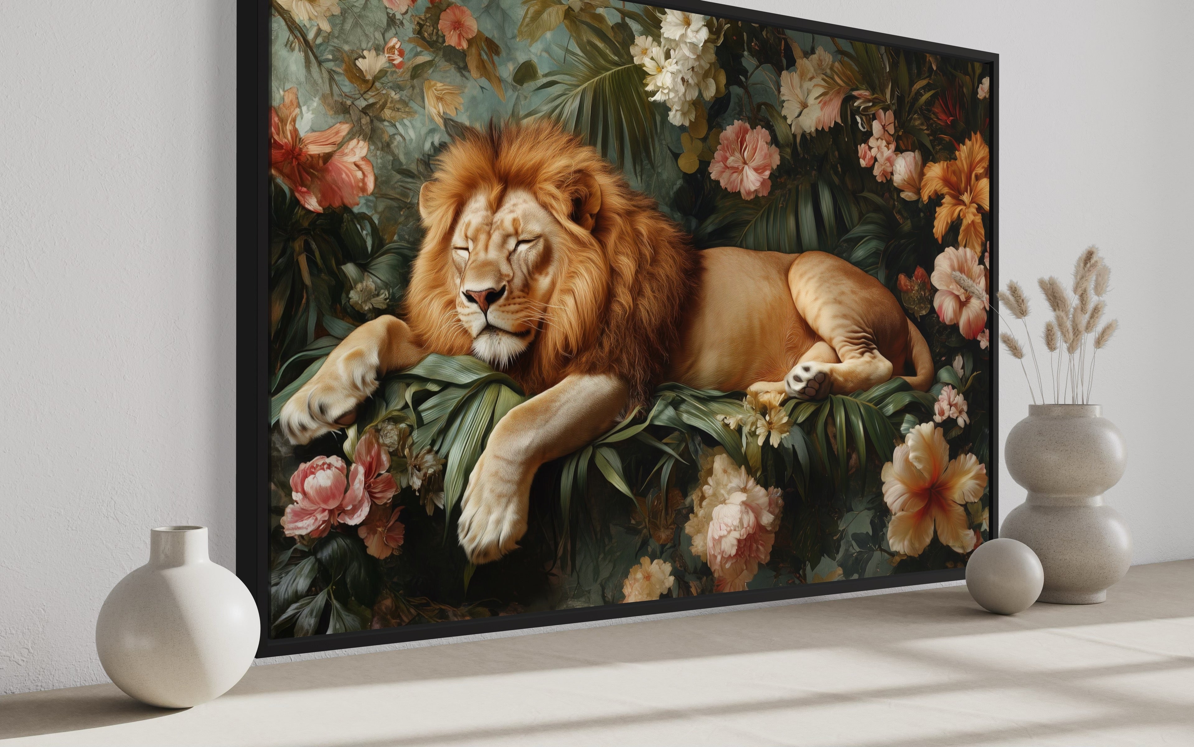 Lion Sleeping In The Jungle Framed Canvas Wall Art For Bedroom