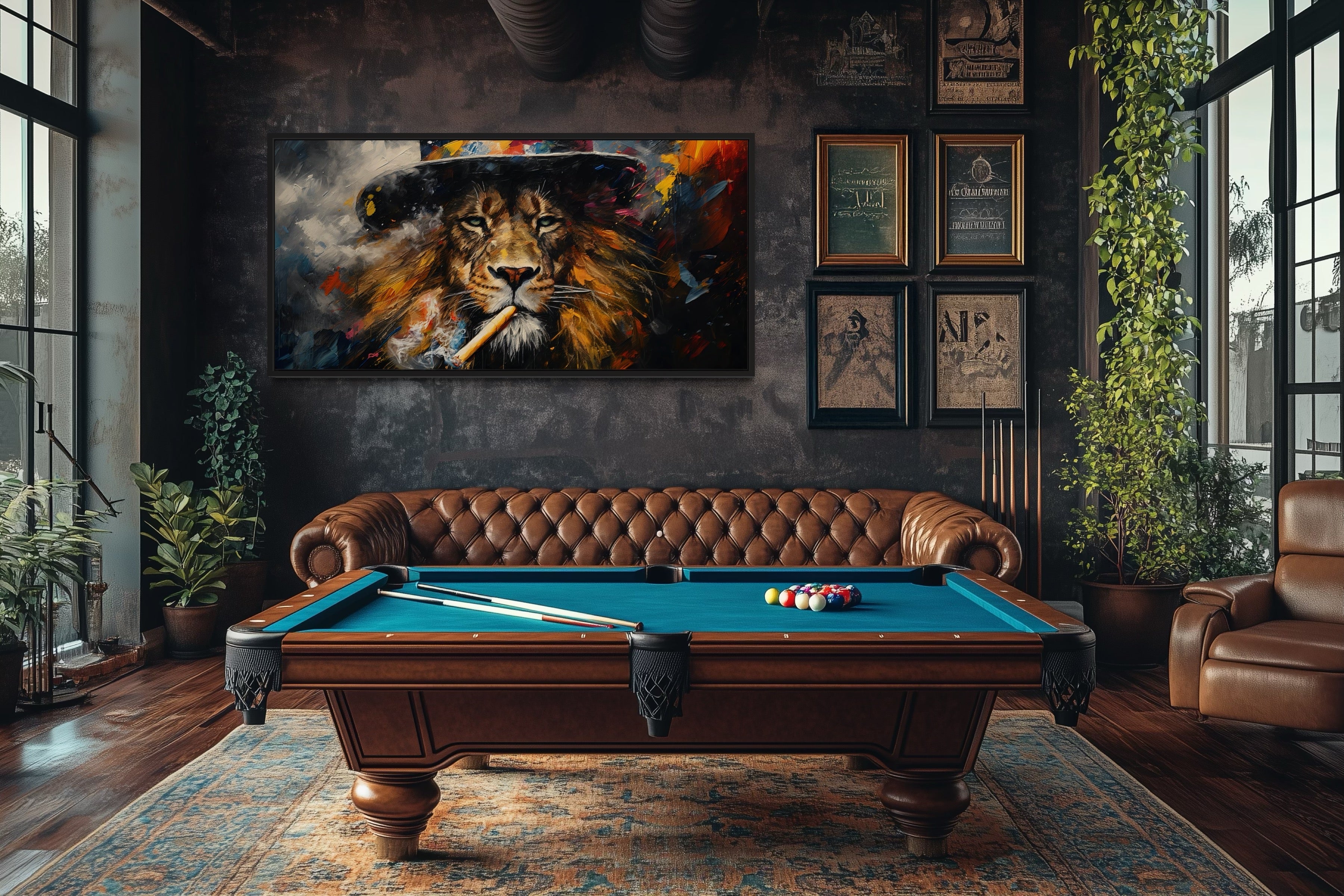 Lion Smoking Cigar Art – Framed Canvas Print for Man Cave Wall Decor