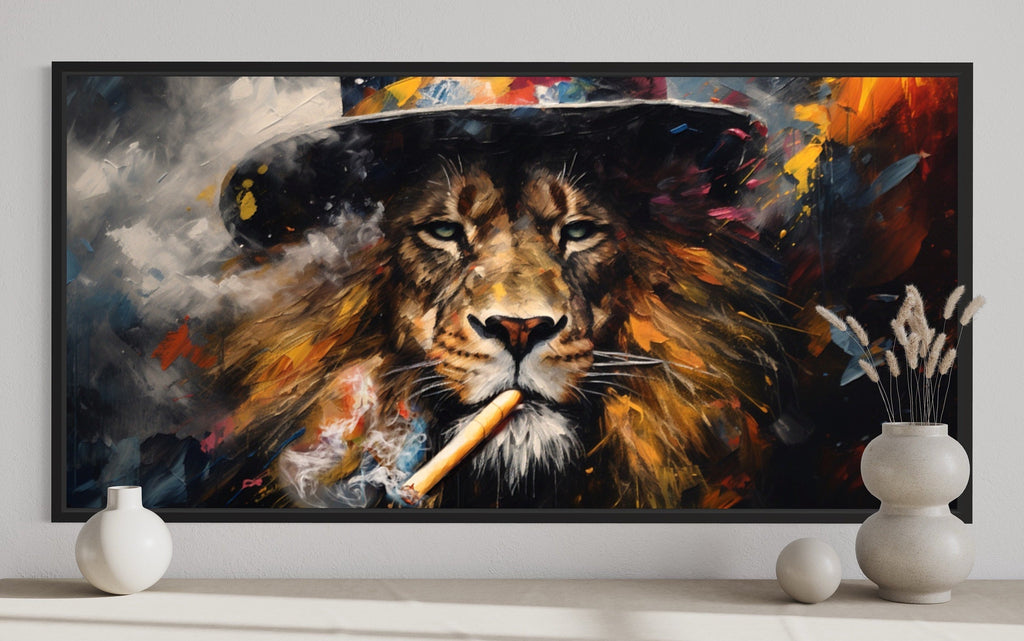Lion Smoking Cigar Art – Framed Canvas Print for Man Cave Wall Decor