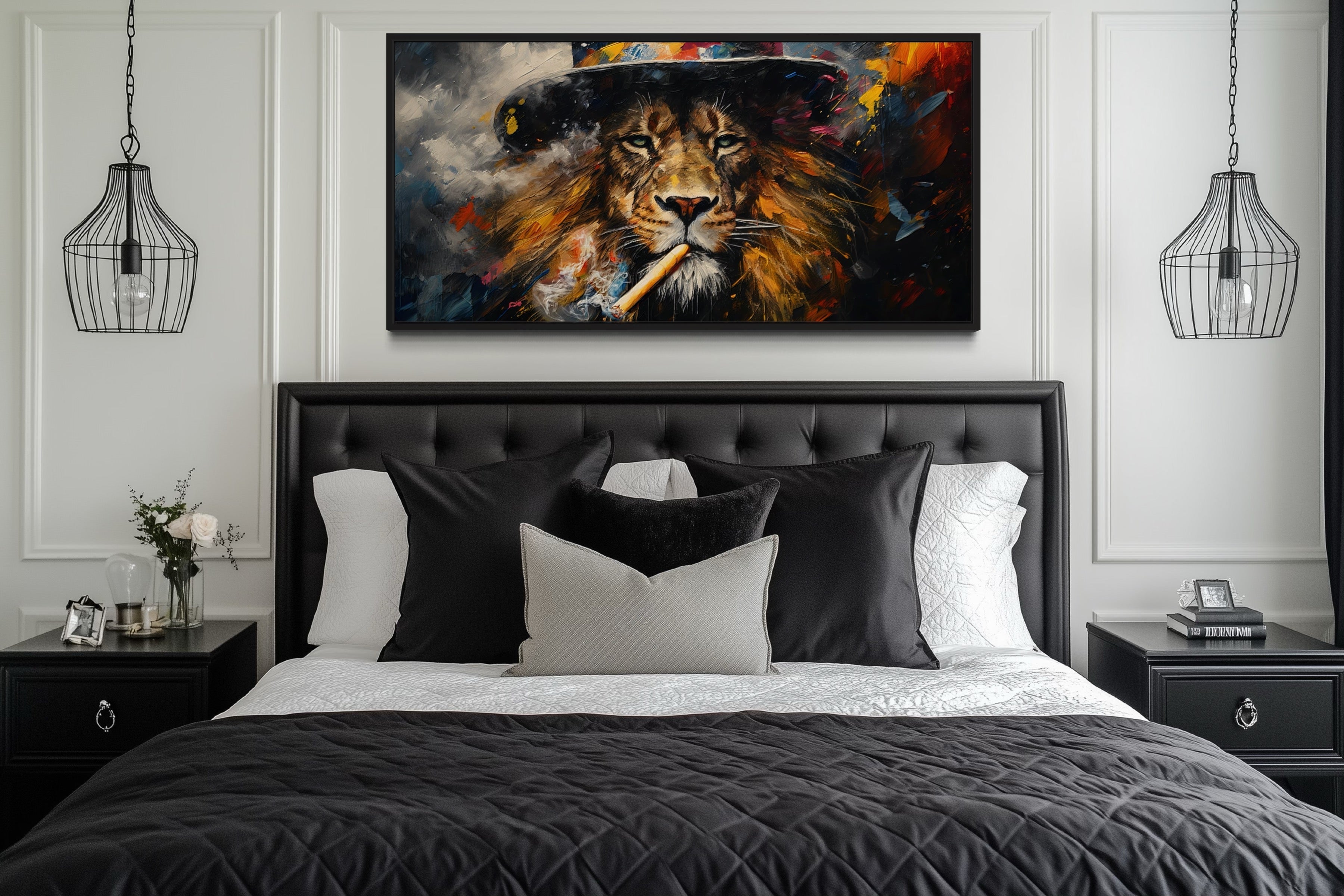 Lion Smoking Cigar Art – Framed Canvas Print for Man Cave Wall Decor
