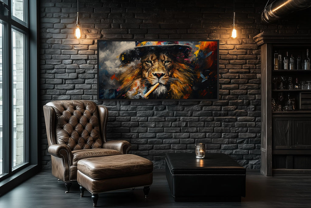 Lion Smoking Cigar Art – Framed Canvas Print for Man Cave Wall Decor