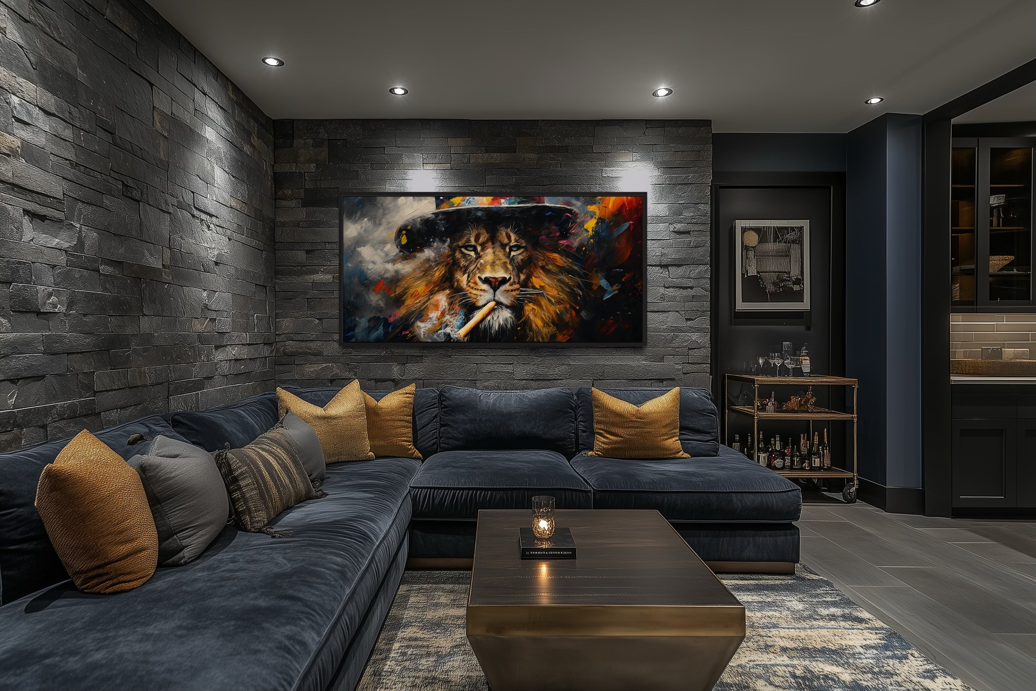 Lion Smoking Cigar Art – Framed Canvas Print for Man Cave Wall Decor