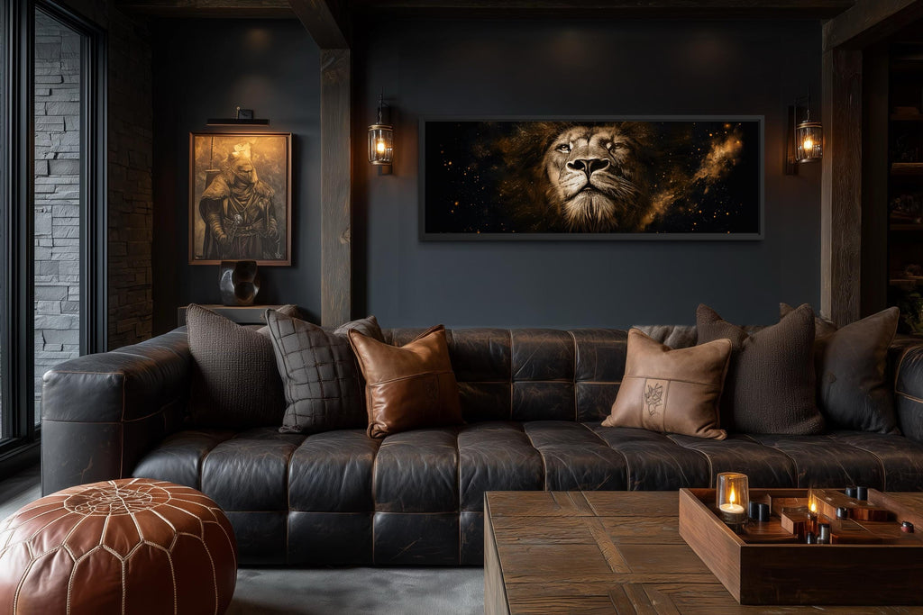 Lion Wall Art Canvas | Long Narrow Black Gold Wildlife Decor - Bold Majestic Portrait