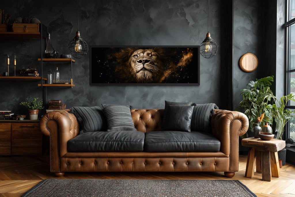 Lion Wall Art Canvas | Long Narrow Black Gold Wildlife Decor - Bold Majestic Portrait
