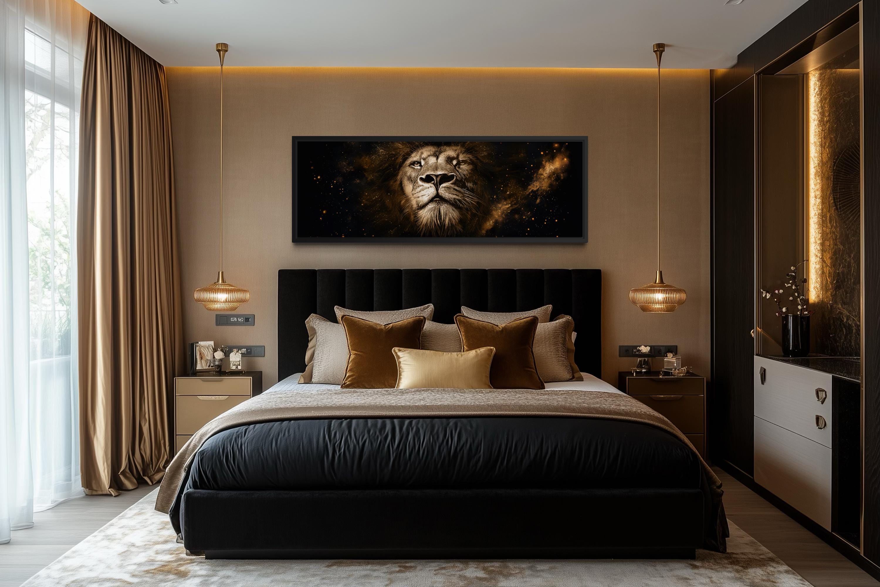 Lion Wall Art Canvas | Long Narrow Black Gold Wildlife Decor - Bold Majestic Portrait