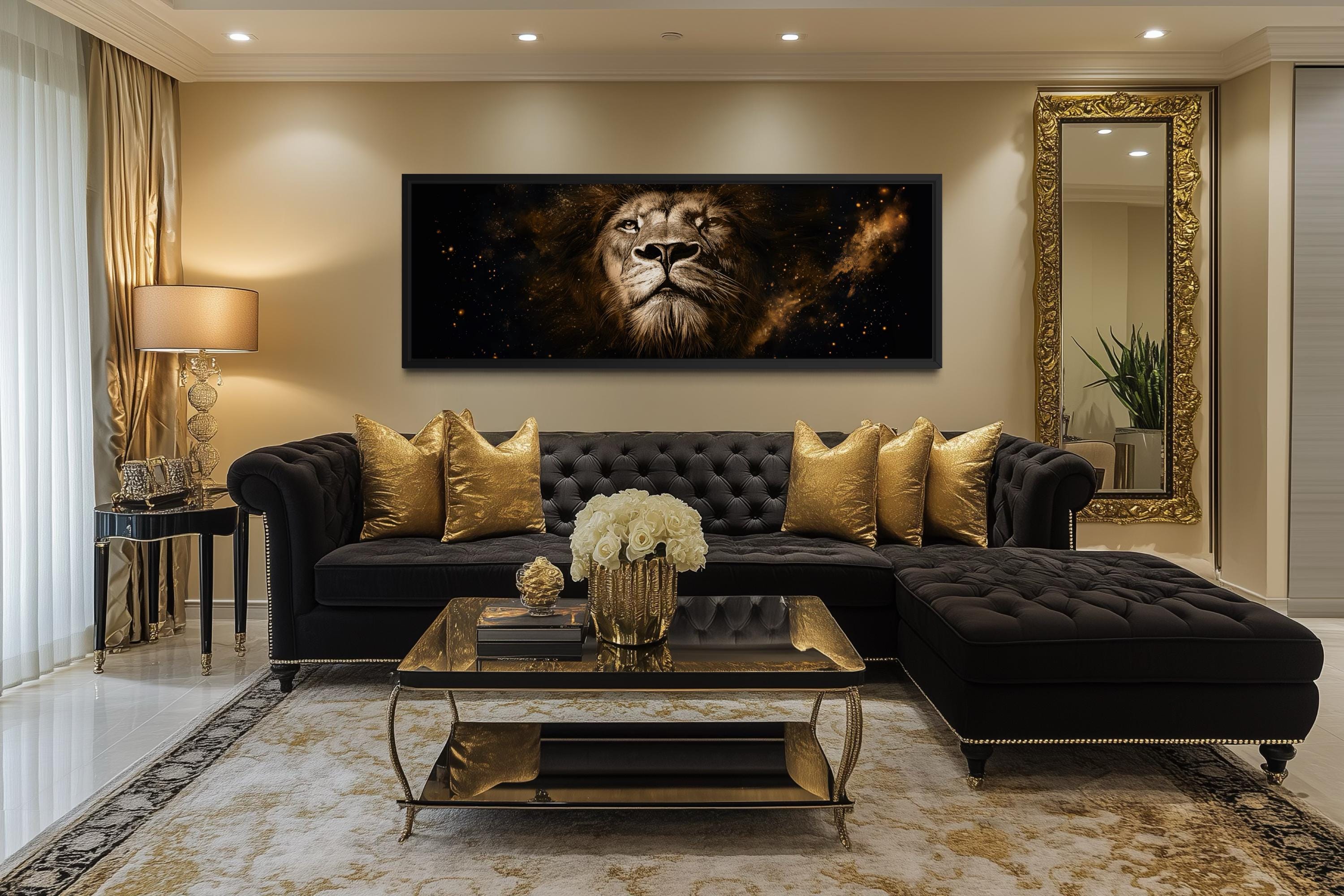 Lion Wall Art Canvas | Long Narrow Black Gold Wildlife Decor - Bold Majestic Portrait