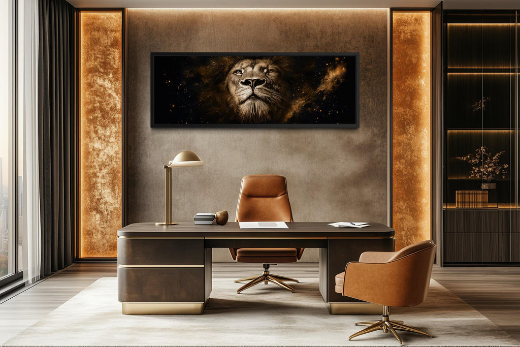 Lion Wall Art Canvas | Long Narrow Black Gold Wildlife Decor - Bold Majestic Portrait