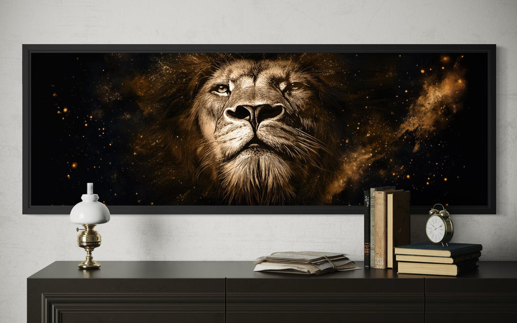 Lion Wall Art Canvas | Long Narrow Black Gold Wildlife Decor - Bold Majestic Portrait