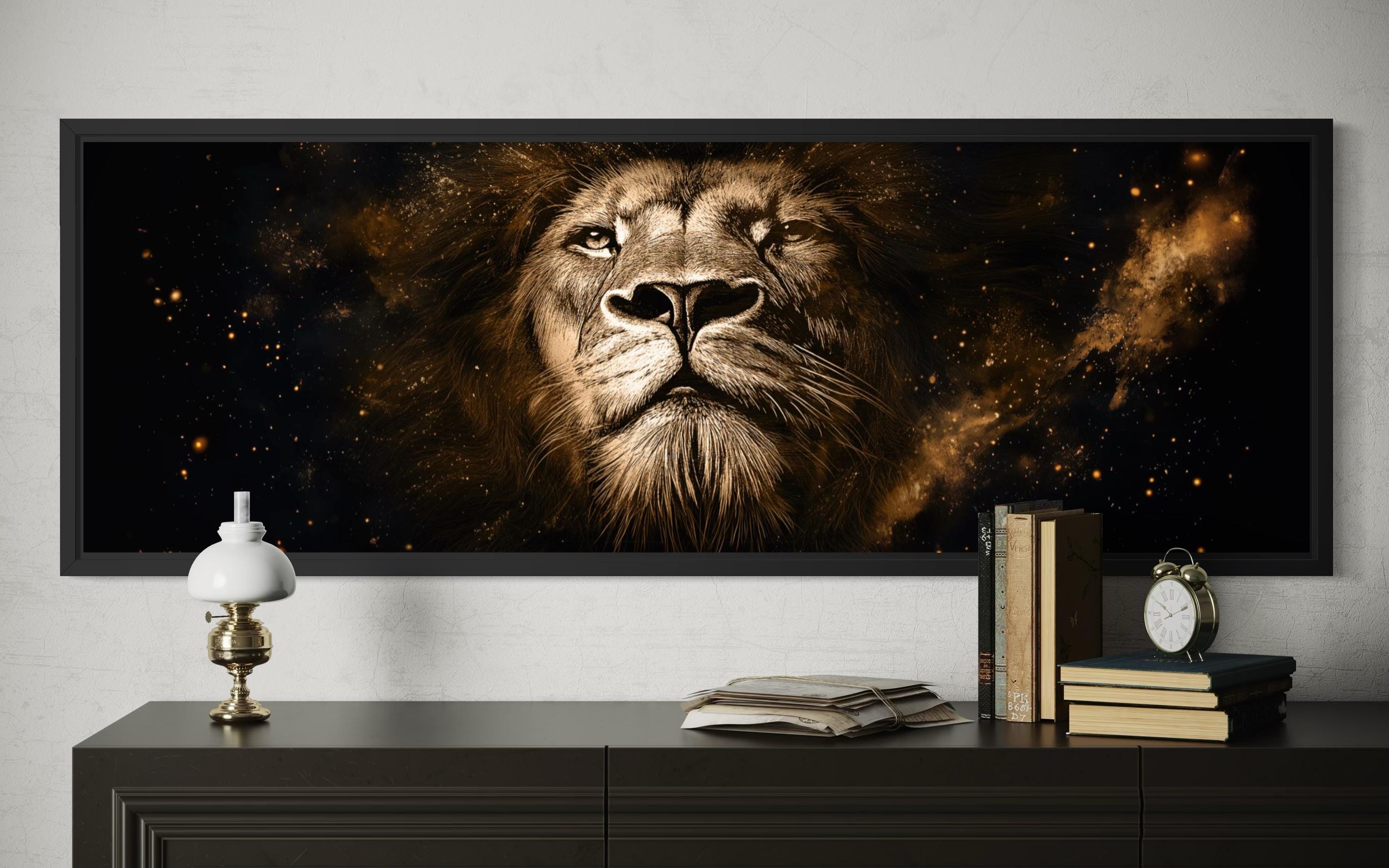 Lion Wall Art Canvas | Long Narrow Black Gold Wildlife Decor - Bold Majestic Portrait