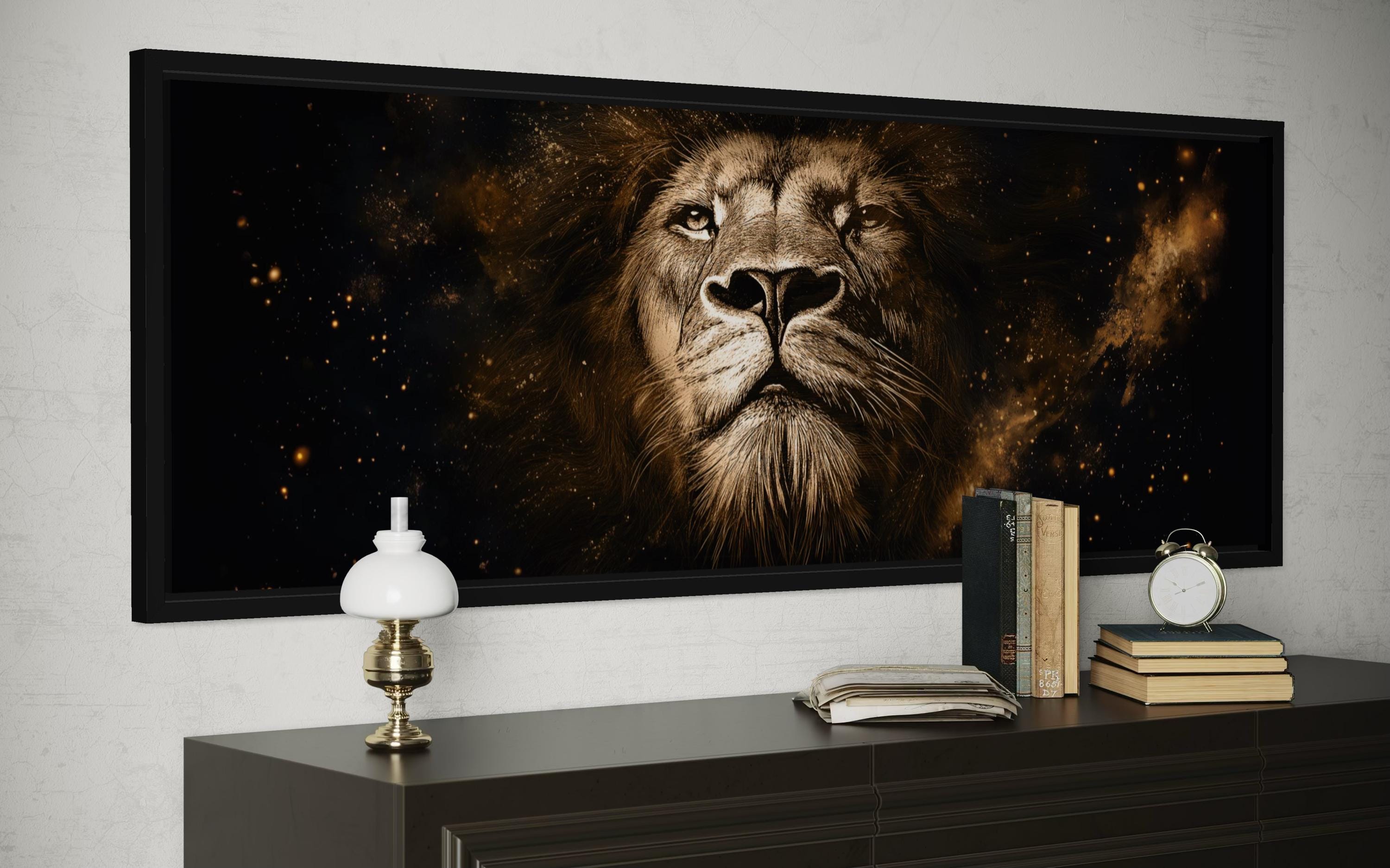 Lion Wall Art Canvas | Long Narrow Black Gold Wildlife Decor - Bold Majestic Portrait