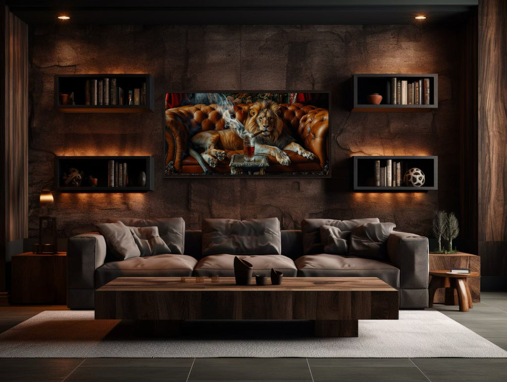 Lion Wall Art – Majestic Lion Painting | Framed Canvas Print for Man Cave Decor