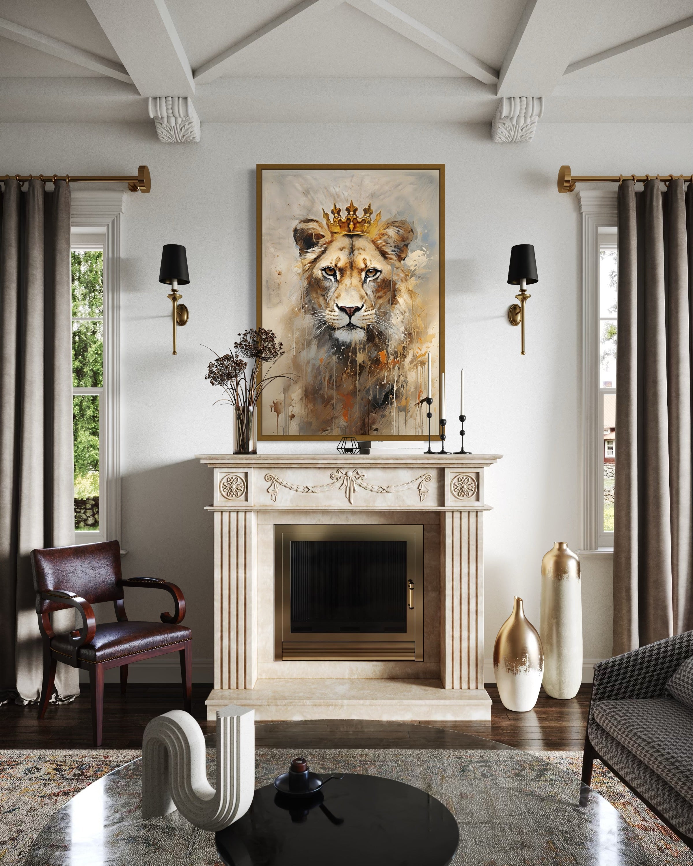 Lioness Queen With Crown Beige Gold Framed Canvas Wall Art
