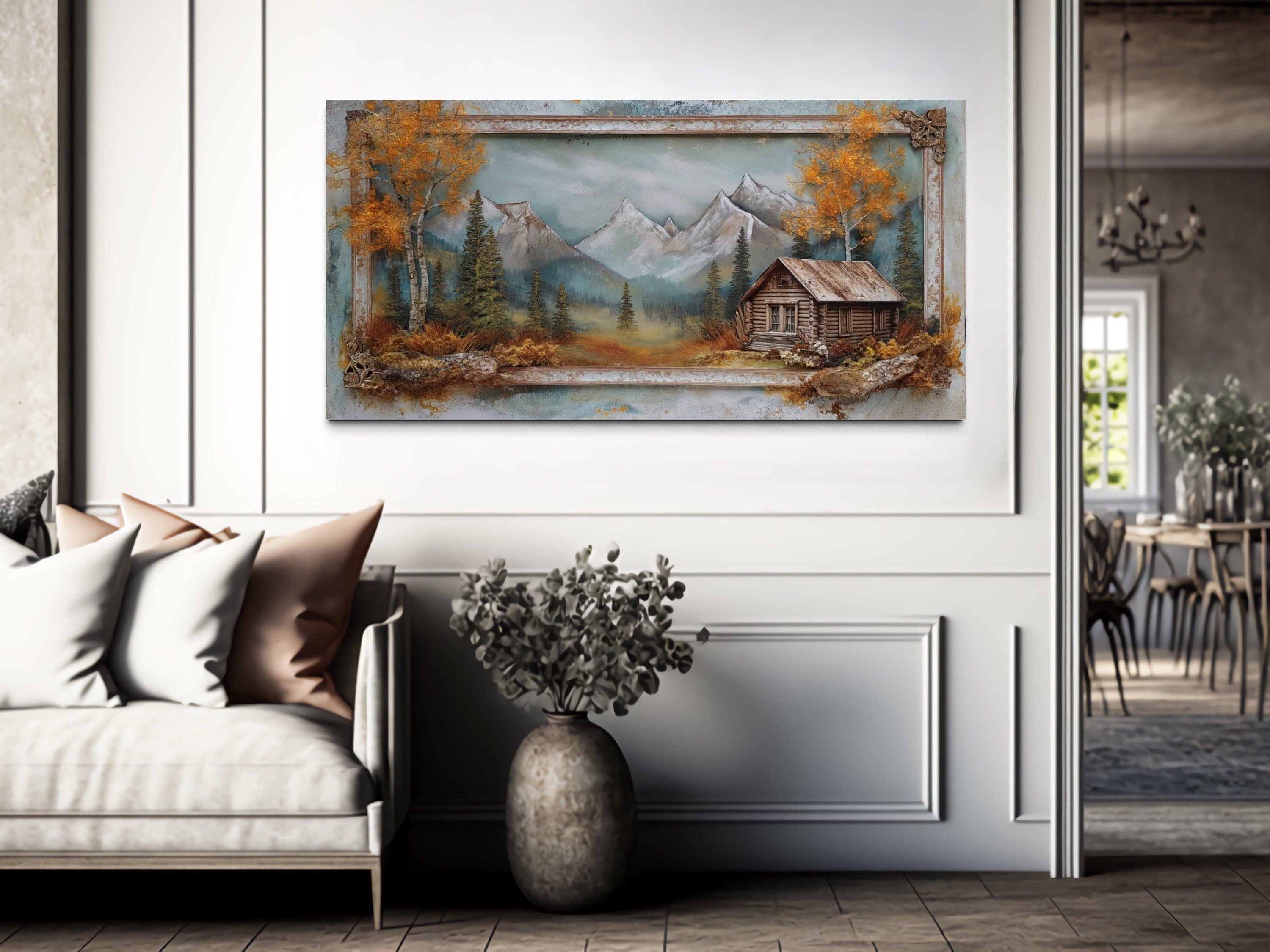 Log Cabin Wall Art - Rustic Canvas Print | Autumn Mountain Cabin Decor