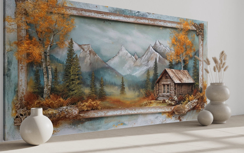 Log Cabin Wall Art - Rustic Canvas Print | Autumn Mountain Cabin Decor