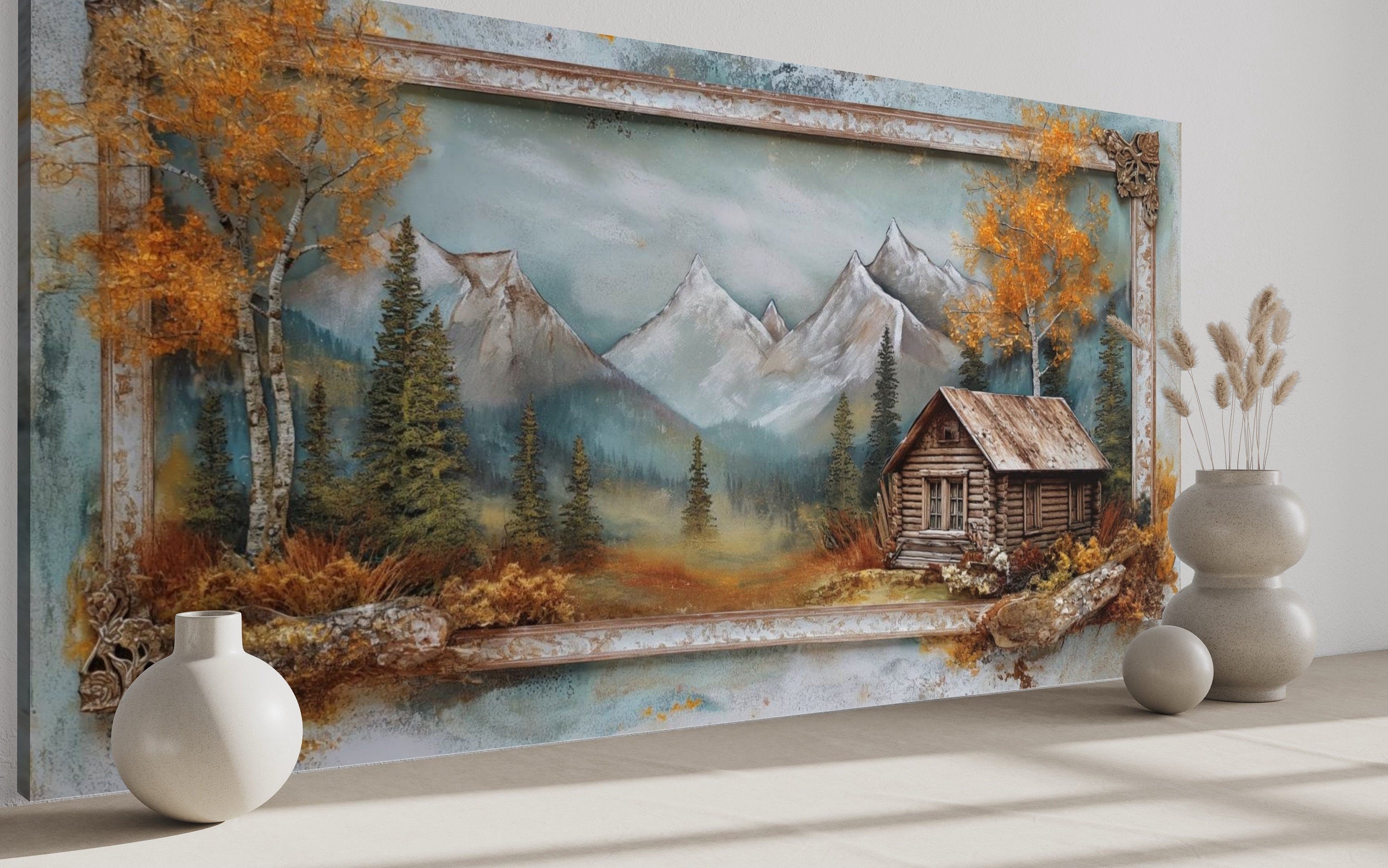 Log Cabin Wall Art - Rustic Canvas Print | Autumn Mountain Cabin Decor