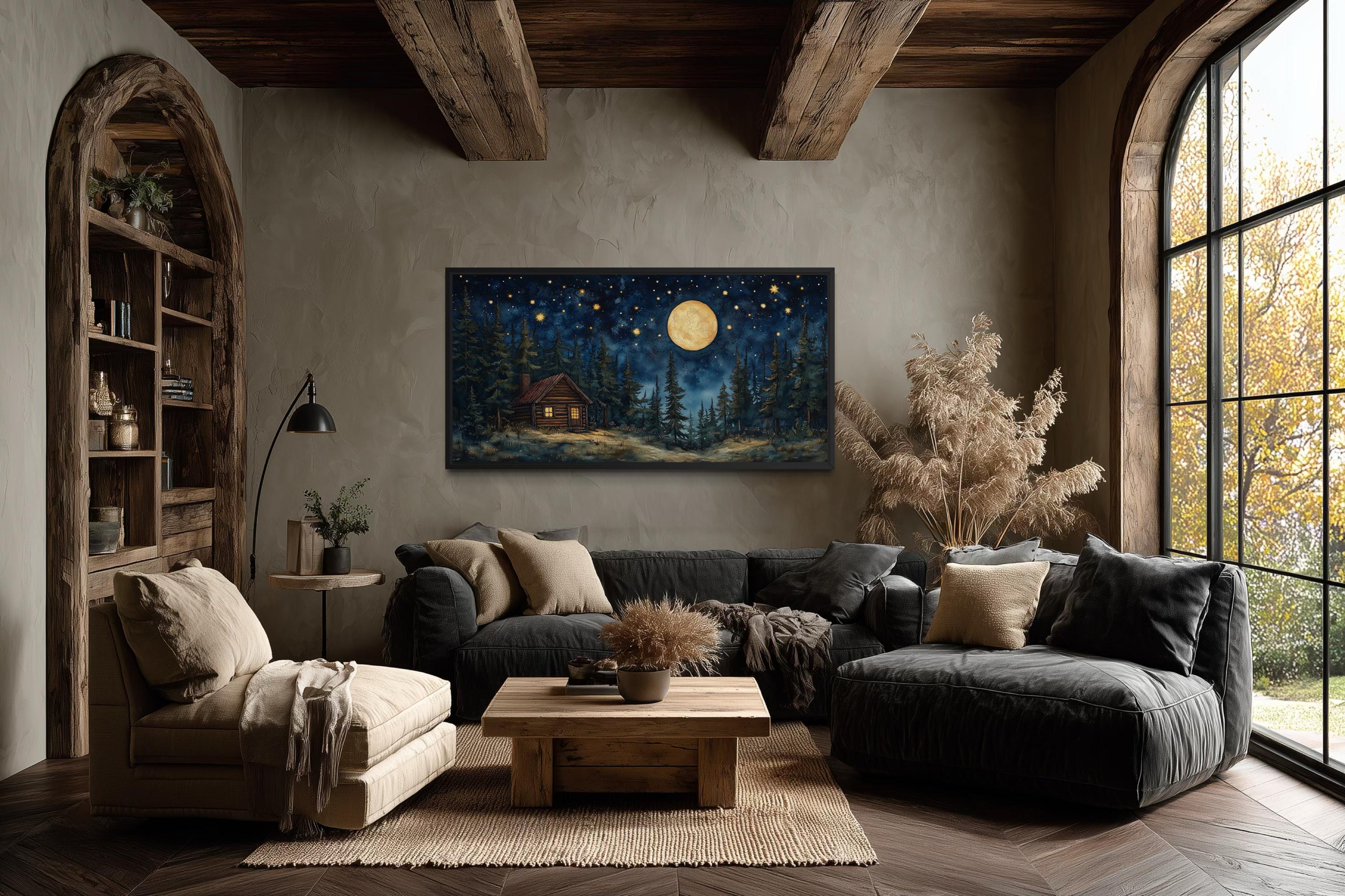 Log Cabin in the Moonlit Woods Canvas Wall Art