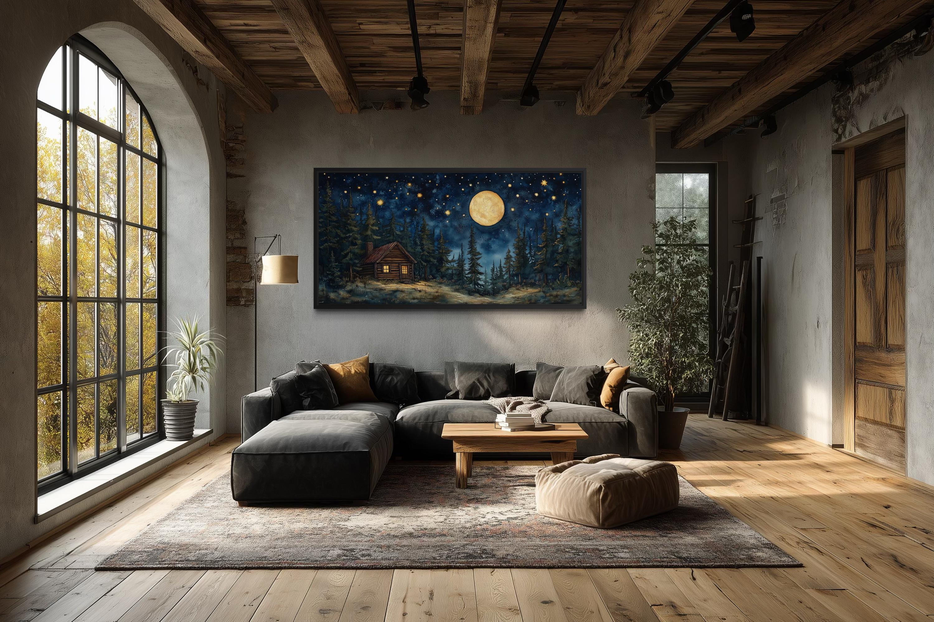 Log Cabin in the Moonlit Woods Canvas Wall Art
