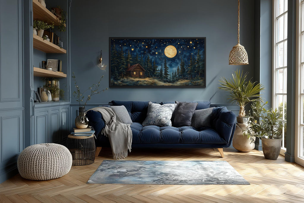 Log Cabin in the Moonlit Woods Canvas Wall Art