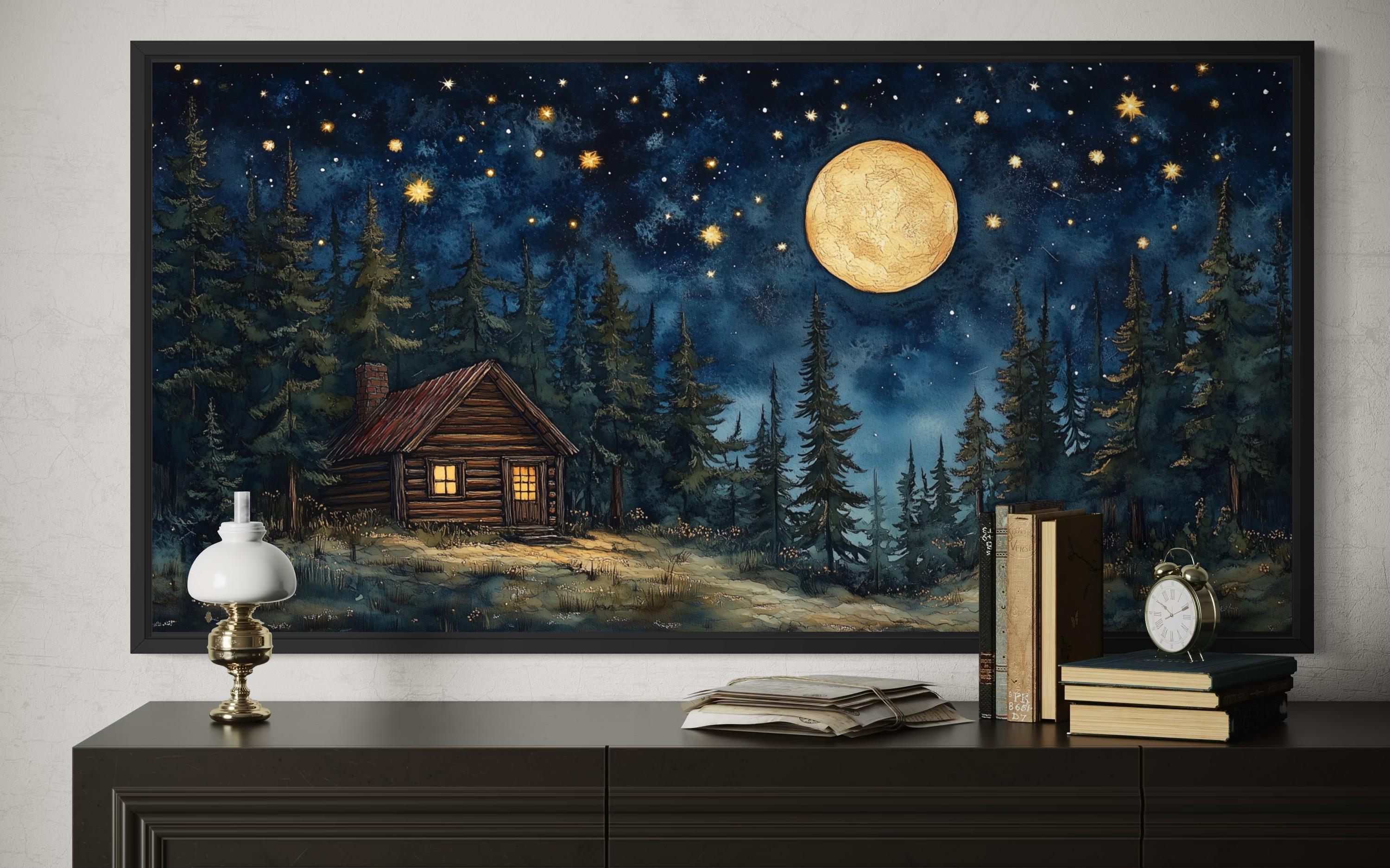 Log Cabin in the Moonlit Woods Canvas Wall Art
