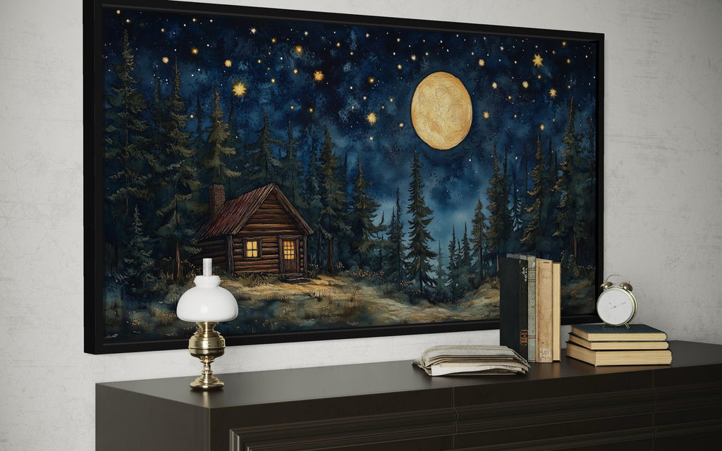 Log Cabin in the Moonlit Woods Canvas Wall Art
