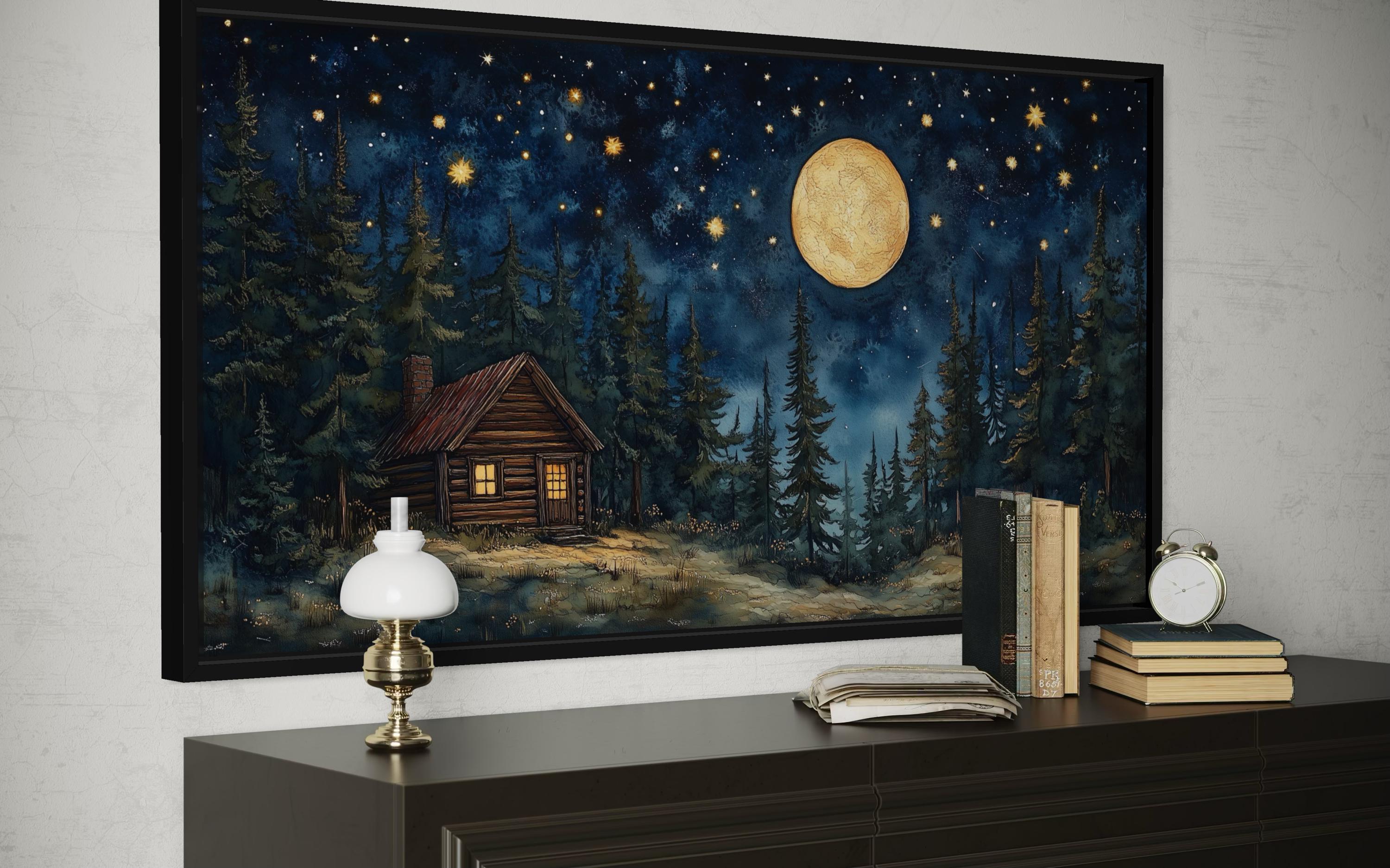 Log Cabin in the Moonlit Woods Canvas Wall Art