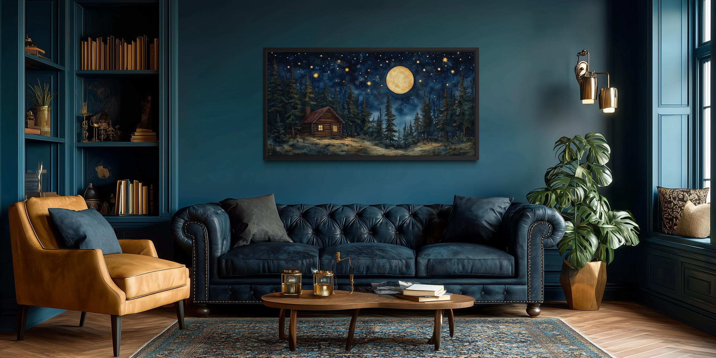 Log Cabin in the Moonlit Woods Canvas Wall Art