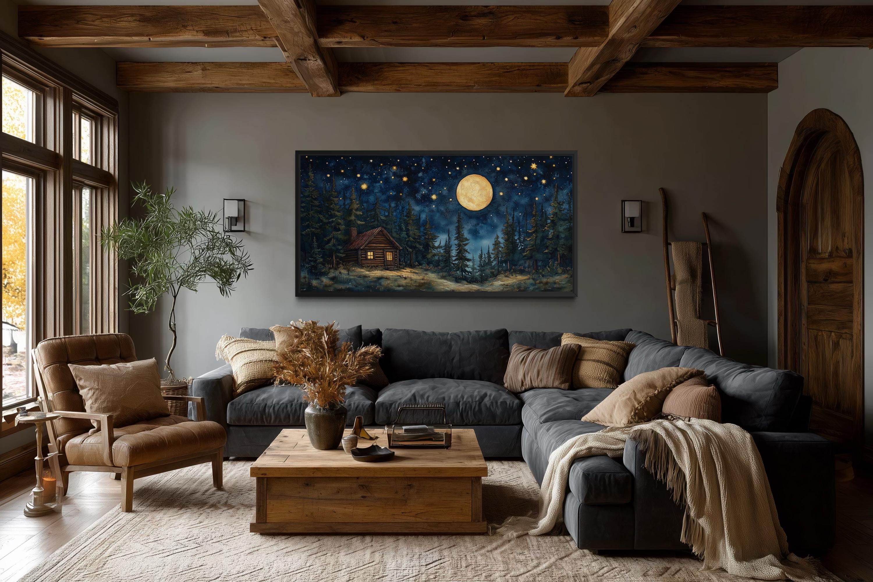 Log Cabin in the Moonlit Woods Canvas Wall Art