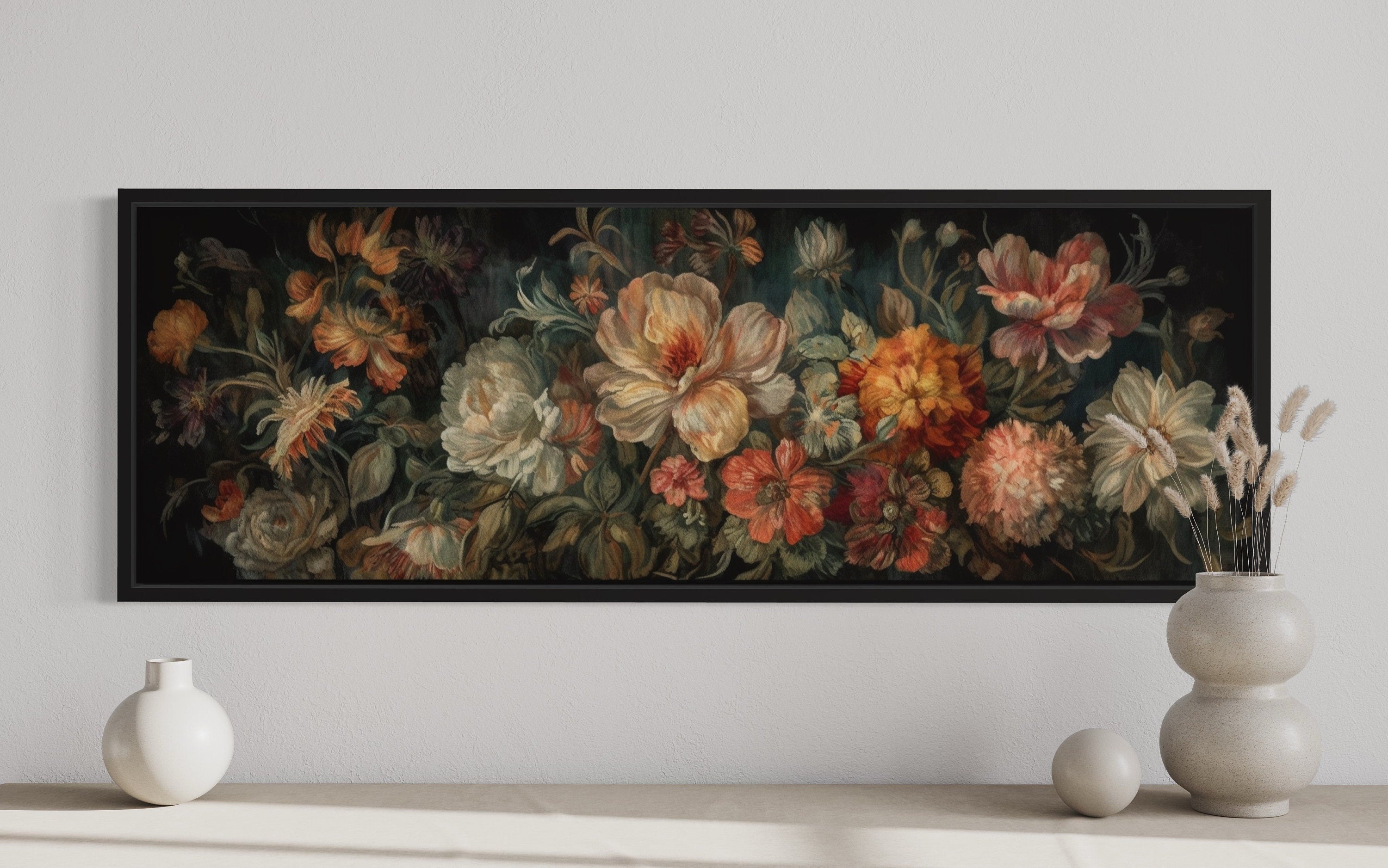 Long Horizontal Antique Style Moody Floral Tapestry Framed Canvas Wall Art,