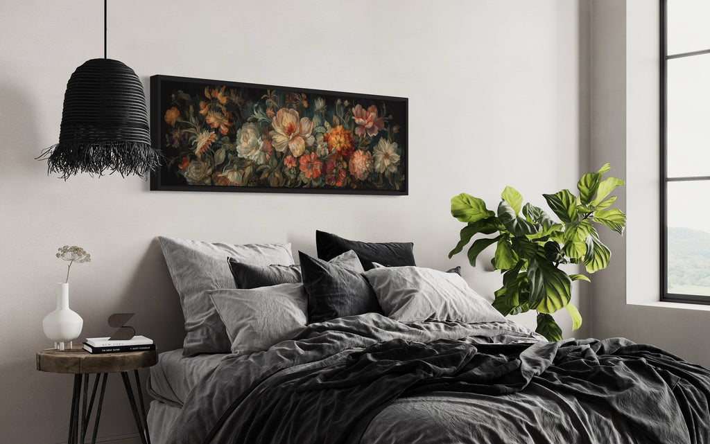 Long Horizontal Antique Style Moody Floral Tapestry Framed Canvas Wall Art,