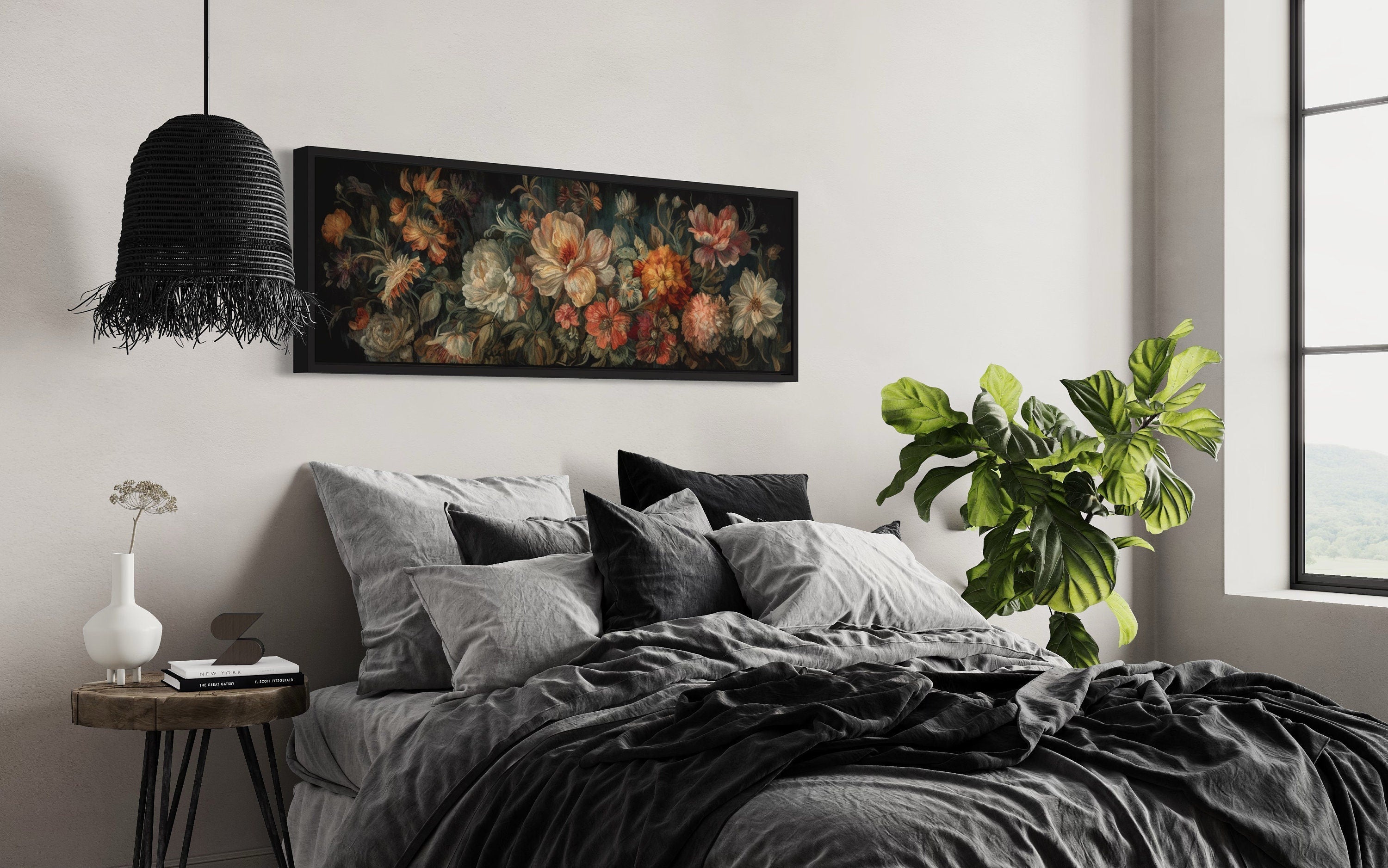 Long Horizontal Antique Style Moody Floral Tapestry Framed Canvas Wall Art,