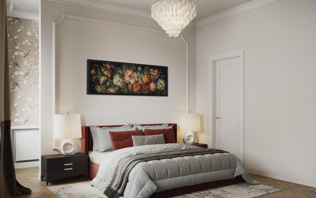 Long Horizontal Antique Style Moody Floral Tapestry Framed Canvas Wall Art,