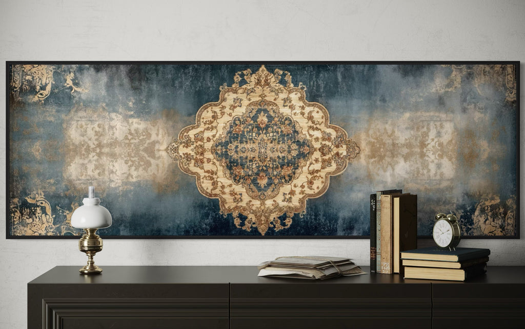 Long Horizontal Blue Beige Persian Rug Canvas Wall Art Print