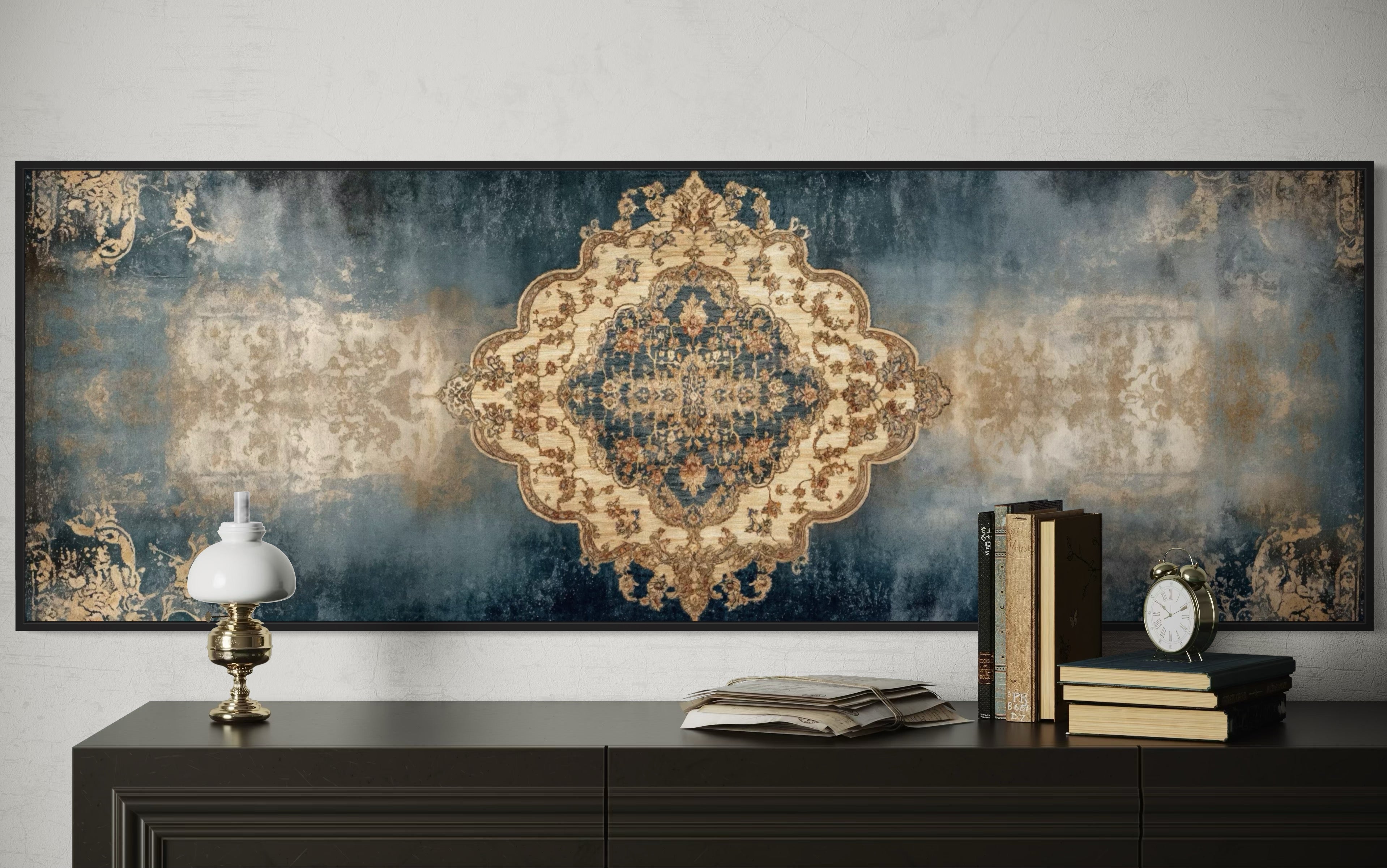 Long Horizontal Blue Beige Persian Rug Canvas Wall Art Print