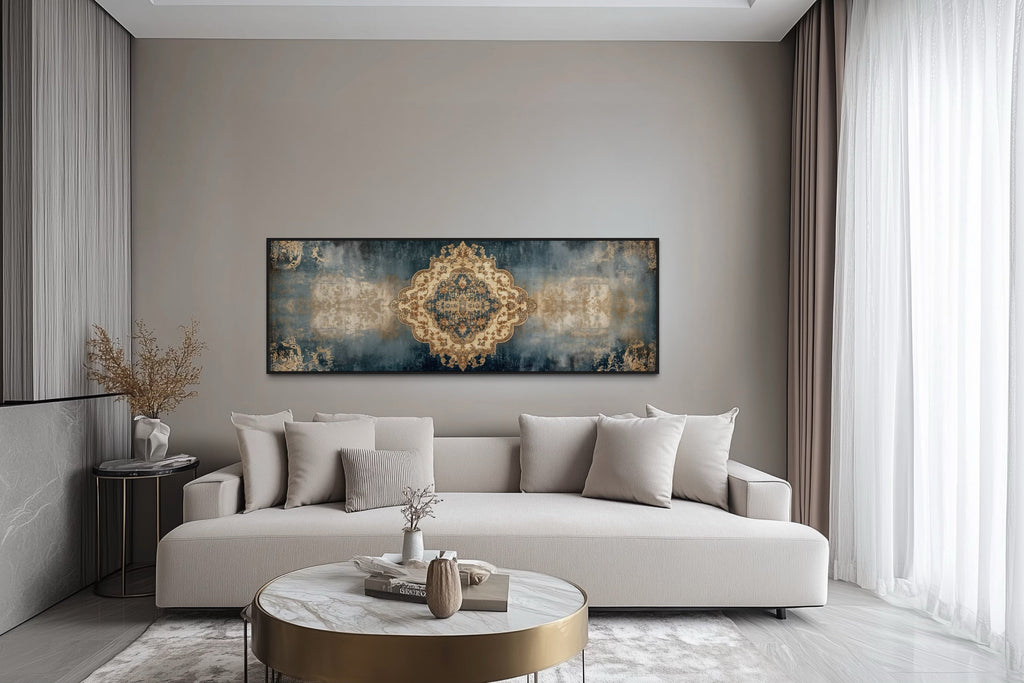 Long Horizontal Blue Beige Persian Rug Canvas Wall Art Print
