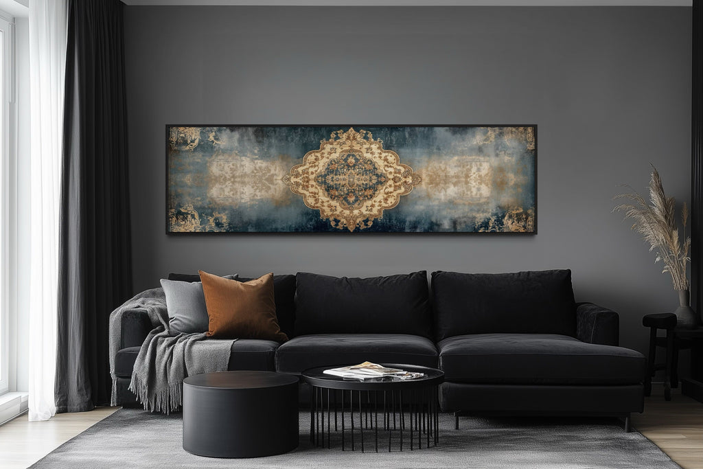 Long Horizontal Blue Beige Persian Rug Canvas Wall Art Print