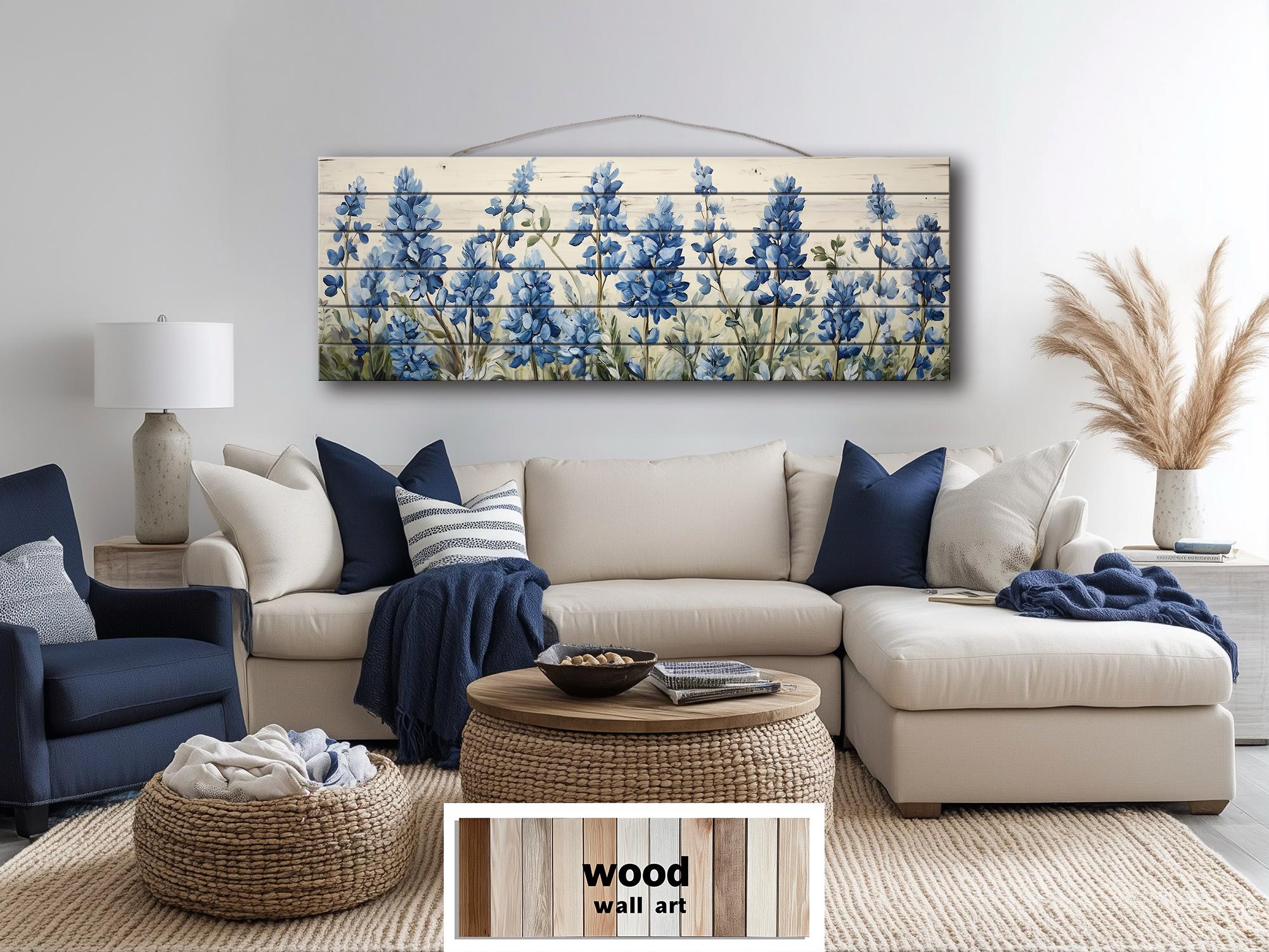 Long Horizontal Bluebonnets On Real Wood Wall Art