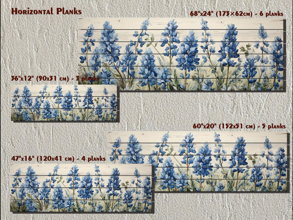 Long Horizontal Bluebonnets On Real Wood Wall Art